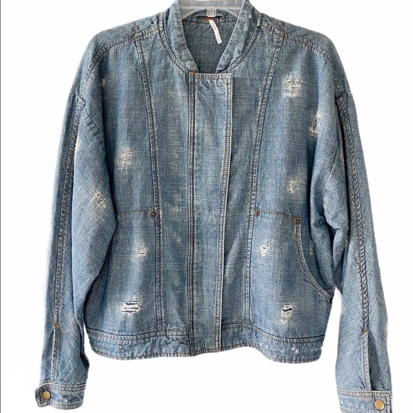 Free People Tattered Tennis Denim Bomber Jacket - Picture 5 of 7